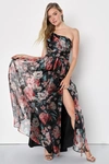 Lulus Bringing The Charm Black Floral Organza One-shoulder Maxi Dress In Black