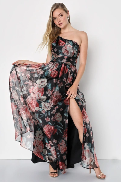 Lulus Bringing The Charm Black Floral Organza One-shoulder Maxi Dress