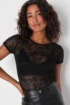 Lulus Clearly Sultry Black Lace Sheer Short Sleeve Top In Black