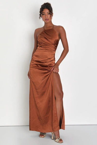 Lulus Purposefully Posh Bronze Satin Ruched Backless Maxi Dress In Brown
