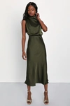 Lulus Distinctive Charm Olive Green Satin Asymmetrical Midi Dress In Olive Green