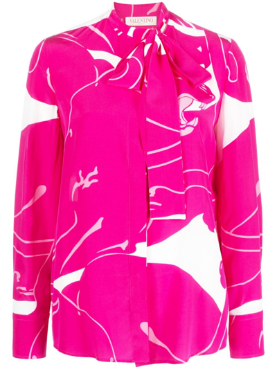 Valentino Panther Print Silk Shirt In Milk/pink Pp