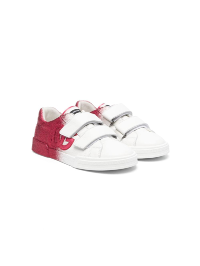 Dolce & Gabbana Kids' Logo Print Leather Strap Sneakers In White,fuchsia
