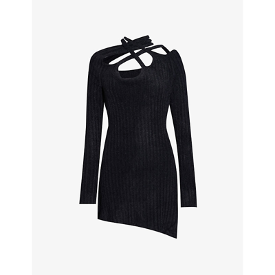 Ottolinger Womens Black Asymmetric-neckline Brushed-texture Knitted Mini Dress