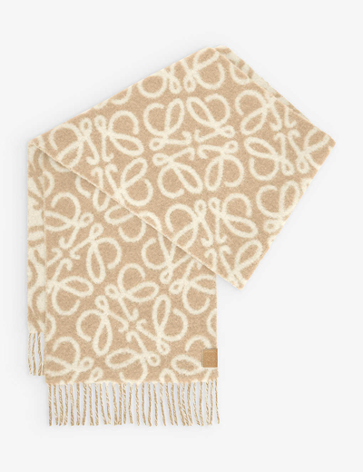 LOEWE WOMENS BEIGE/WHITE ANAGRAM-PATCH WOOL AND ALPACA-BLEND SCARF,68329533
