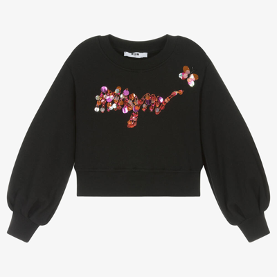 Msgm Kids'  Girls Black Cotton Sequin Sweatshirt