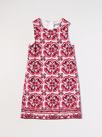 Dolce & Gabbana Kids' Dress In Stretch Viscose With Majolica Print In Fuchsia