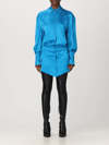 Attico 'sylvie' Blue Shirt Dress With All-over Monogram Print In Satin Fabric Woman In Blue