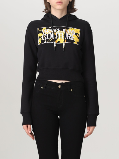 Versace Jeans Couture Logo-patch Cropped Hoodie In Black