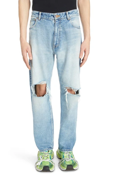 Balenciaga Destroyed Super Large Cotton Baggy Jeans In Blue