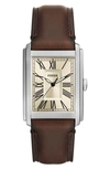 Fossil Carraway Leather Strap Watch, 30mm In Brown/ Silver