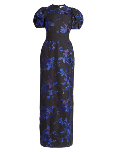 Erdem Floral Embroidered Puff-sleeve Column Dress In Black Blue
