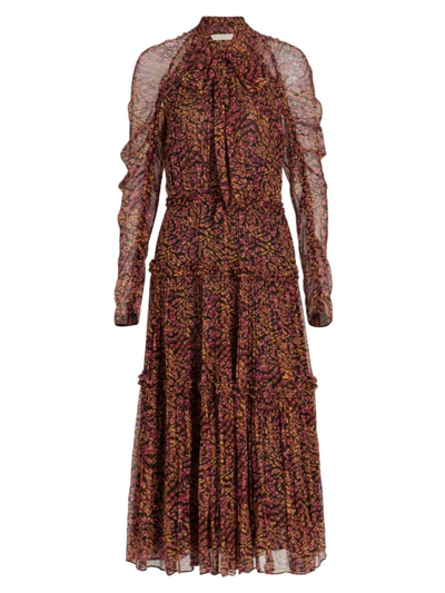 Ulla Johnson Idalia Metallic Thread Floral Long Sleeve Silk Dress In Brown