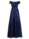 Teri Jon By Rickie Freeman Women's Metallic Floral Off-the-shoulder Gown In Navy