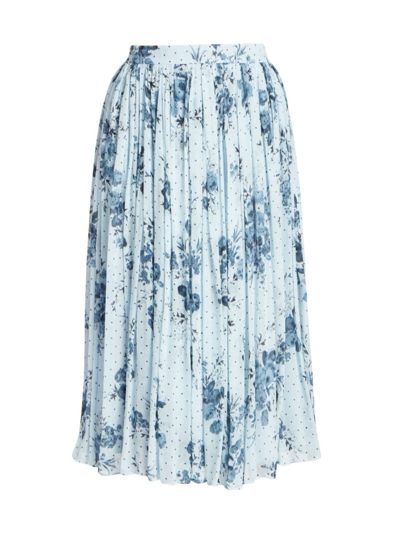 Erdem Pleated Printed Crepon Midi Skirt In Wallpaper Rose Lt Blue
