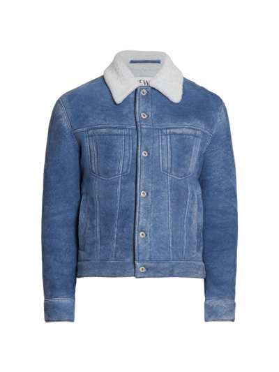 Loewe Denim Jacket With Shearling Collar In White_indigo_blue