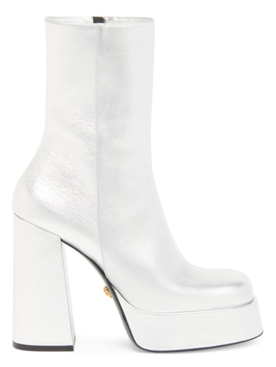 Versace 120mm Metallic Leather Boots In Silver