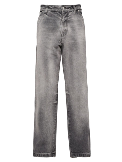 Prada Men's Baggy Faded Triangle Logo Jeans In Grey