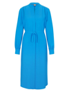 Hugo Boss Belted Shirt Dress With Collarless Styling And Button Cuffs In Blue
