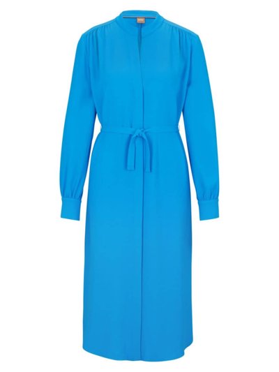 Hugo Boss Belted Shirt Dress With Collarless Styling And Button Cuffs In Blue