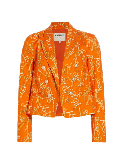 L Agence Brooke Double Breasted Print Crop Blazer In Orange