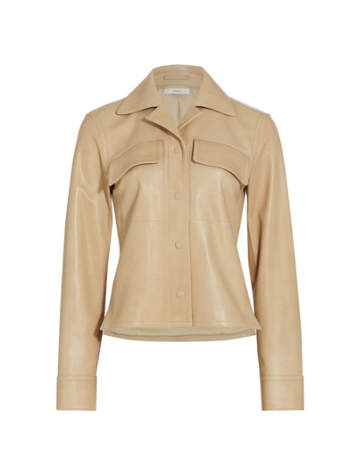 Vince Snap Front Cropped Leather Shirt Jacket In Sesame In Silver