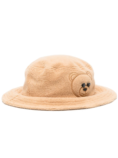 Moschino Embroidered-logo Fleece Bucket Hat In Beige