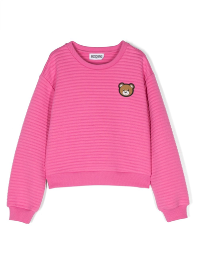 Moschino Kids' Teddy Bear-patch Ribbed Sweatshirt In Pink