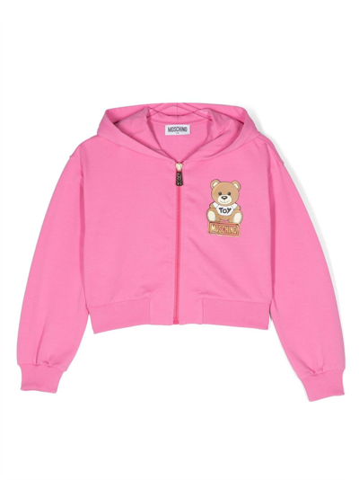 Moschino Kids' Pink Zip-up Hoodie With Teddy Bear Print In Stretch Cotton Girl