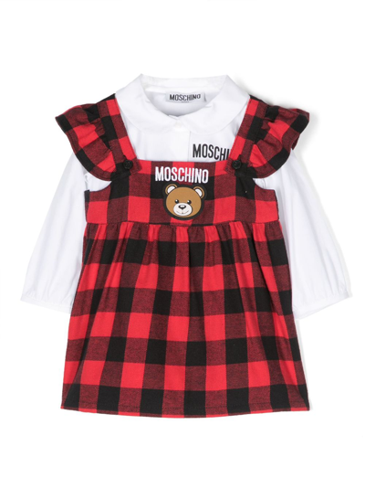 Moschino Babies' Teddy Bear-motif Checkered Dress In Red
