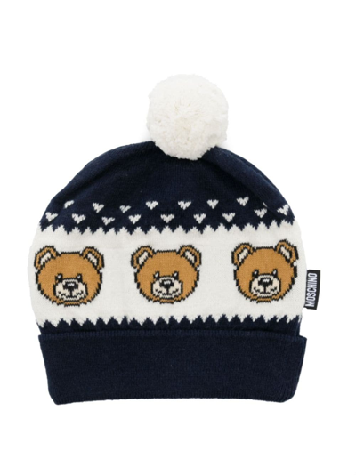 Moschino Babies' Intarsia-logo Knitted Hat In Blue