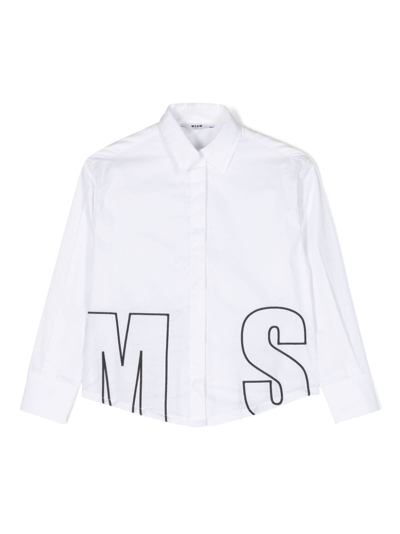 Msgm Kids' Logo-embroidered Cotton Shirt In White