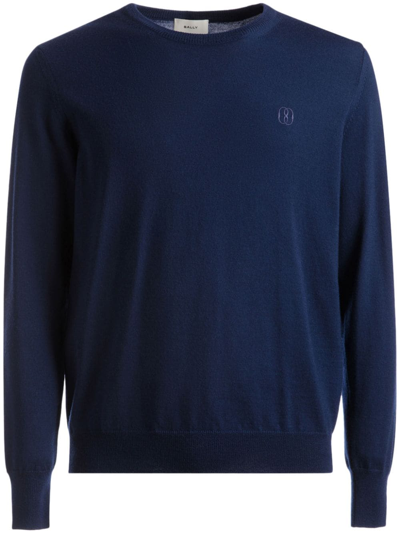 Bally Crew Neck Sweater In Marine Wool In Blue