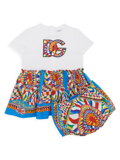 Dolce & Gabbana Baby Carretto Cotton Dress And Bloomers Set In Multicoloured