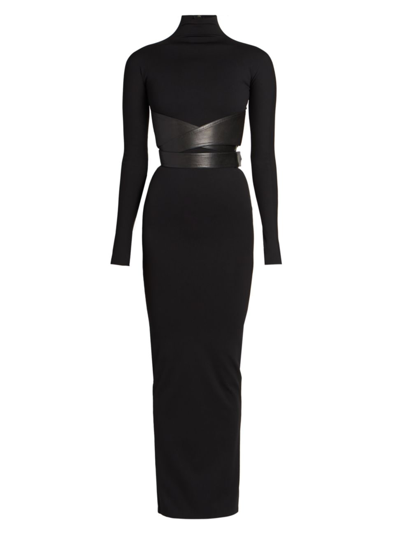 Alaïa Turtleneck Maxi Dress With Wrap Leather Belt In Black