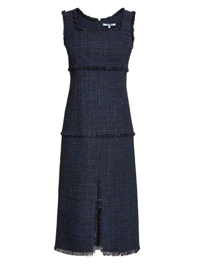 Santorelli Faye Sleeveless Fringe-trim Tweed Midi Dress In Midnight