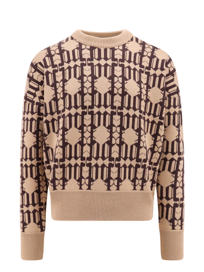 Palm Angels Brown Logo Crew-neck Jumper In Beige