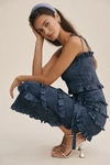 V. Chapman Lily Ruched & Ruffled Stretch Satin Midi Dress In Blue