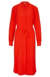 HUGO BOSS BELTED DRESS WITH COLLARLESS V NECKLINE AND BUTTON CUFFS