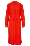 Hugo Boss Belted Dress With Collarless V Neckline And Button Cuffs In Orange