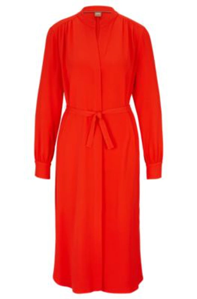 HUGO BOSS BELTED DRESS WITH COLLARLESS V NECKLINE AND BUTTON CUFFS