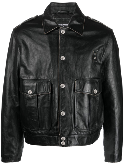 Dsquared2 Button-fastening Leather Bomber Jacket In Schwarz