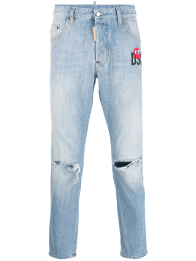 Dsquared2 X Pac-man Ripped Cotton Jeans In Blau