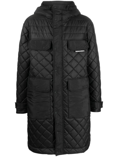 Dsquared2 Diamond-quilted Hooded Coat In Black