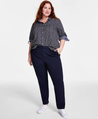 Tommy Hilfiger Plus Size Cotton Printed Roll-tab Shirt In Sky Captain Multi