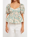 English Factory Floral Puff Sleeve Cotton Top In Green Multi