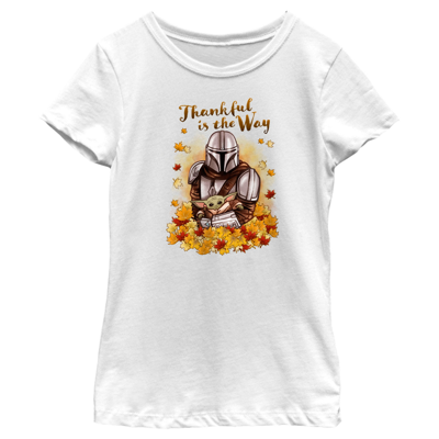 Disney Lucasfilm Girl's Star Wars: The Mandalorian Grogu And Din Djarin Thankful Is The Way Child T-shirt In White