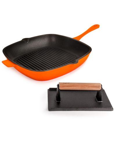 Berghoff Neo Enameled Cast Iron 2 Piece Grill Pan And Steak Press Set In Orange