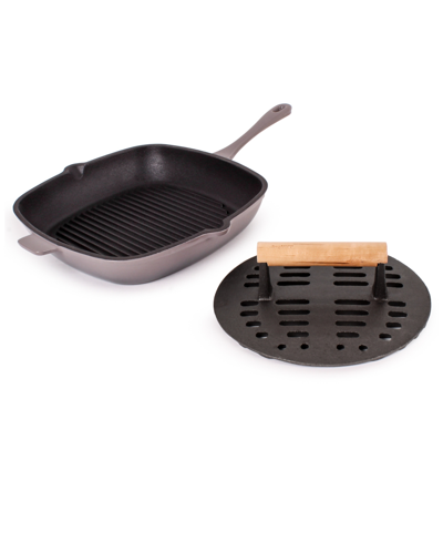 Berghoff Neo Enameled Cast Iron 2 Piece Grill Pan And Slotted Steak Press Set In Gray