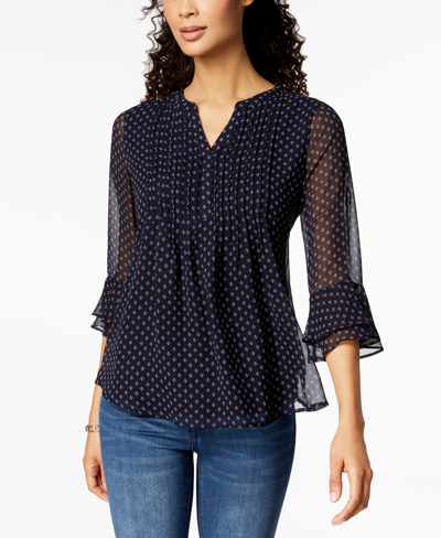 Charter Club Women's Printed Pintuck Top, Created For Macy's In Intrepid Blue